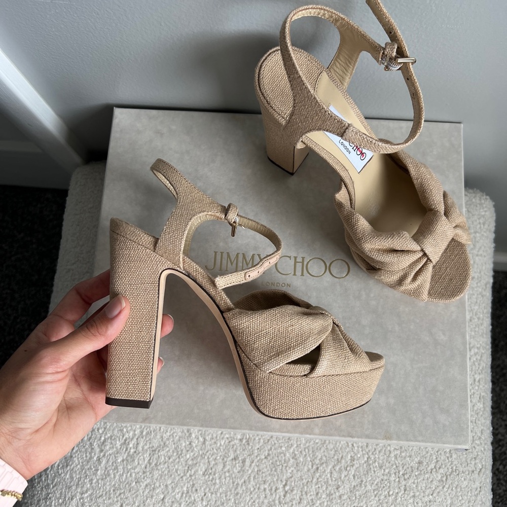 Jimmy Choo 
Heloise 80MM Linen Platform Sandals.